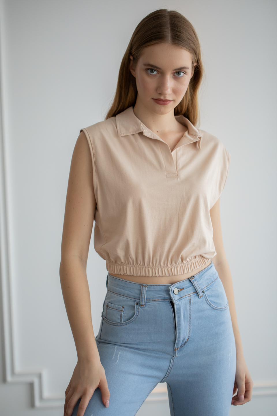 Polo yaka beli lastikli t-shirt-6292 Bej