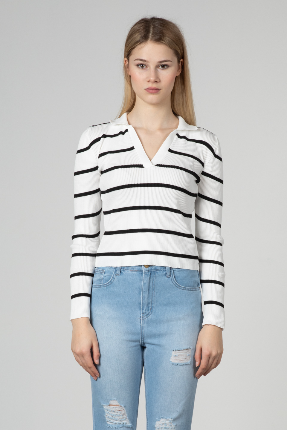 Polo yaka çizgili body-3043 Beyaz/Siyah
