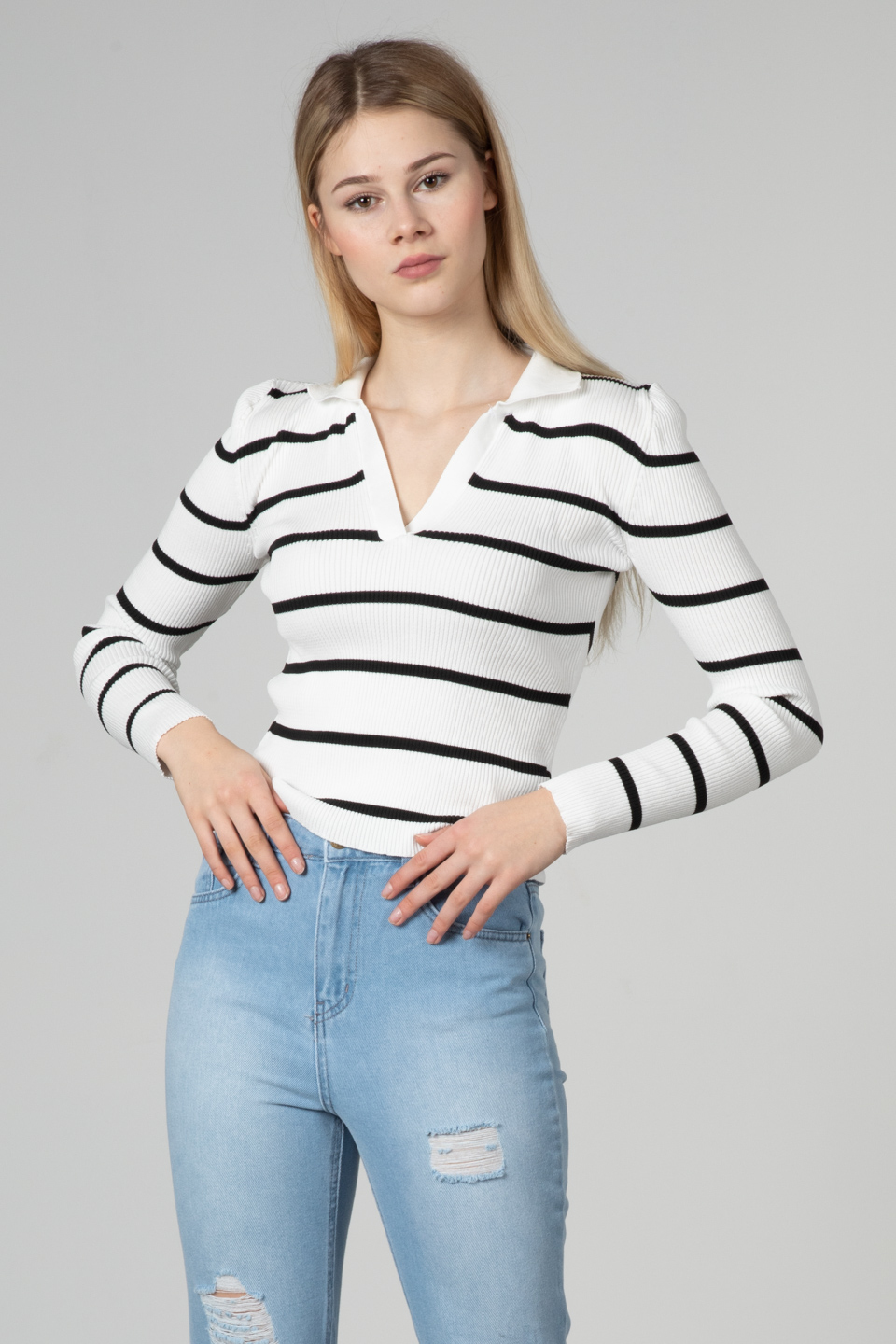 Polo yaka çizgili body-3043 Beyaz/Siyah