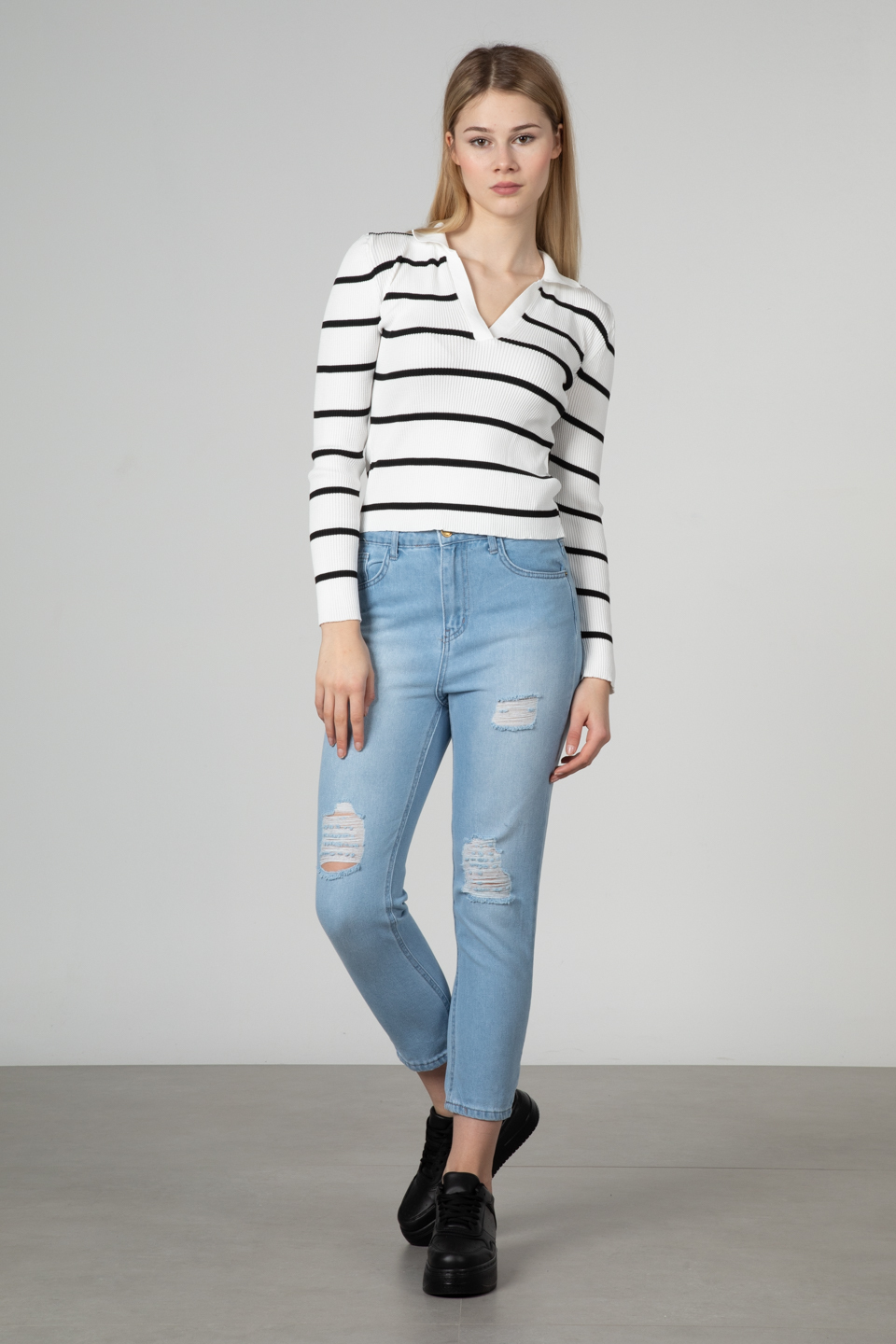 Polo yaka çizgili body-3043 Beyaz/Siyah