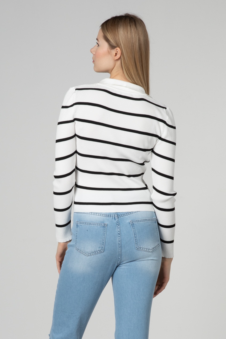 Polo yaka çizgili body-3043 Beyaz/Siyah