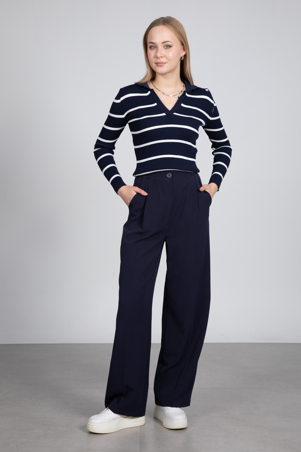 Polo yaka çizgili body-3043 Laci/Beyaz