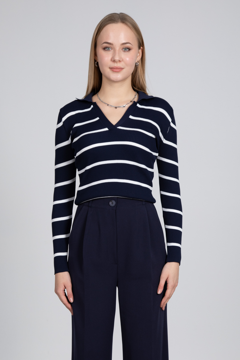 Polo yaka çizgili body-3043 Laci/Beyaz