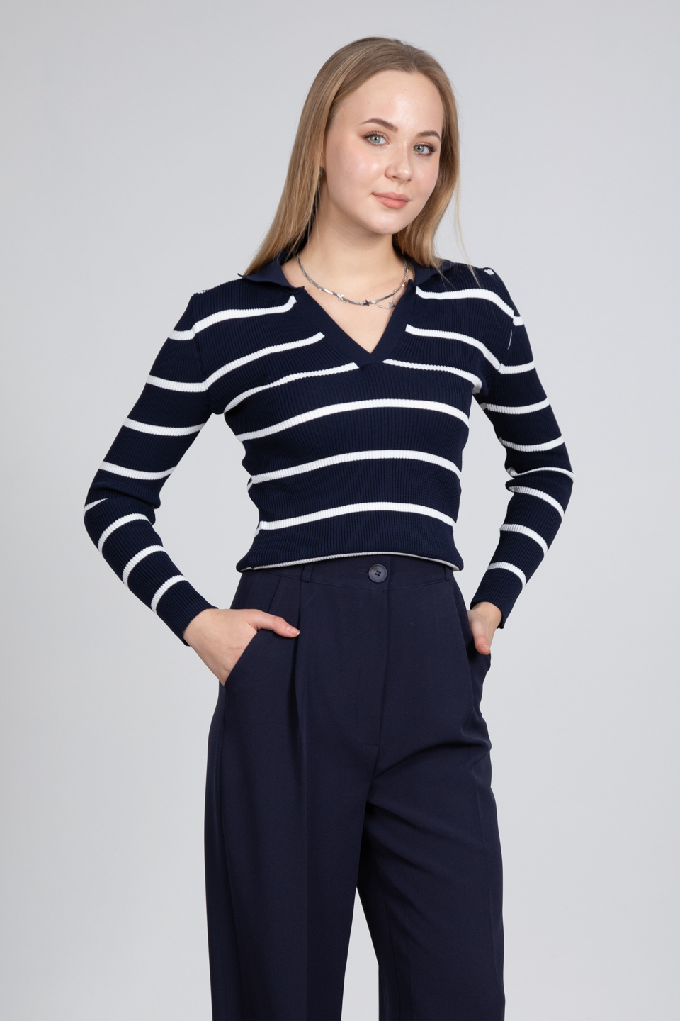 Polo yaka çizgili body-3043 Laci/Beyaz