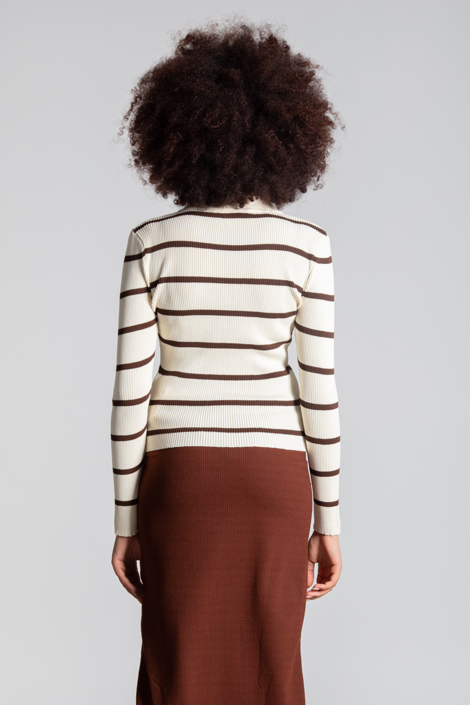 Polo yaka çizgili body-3043 Taş/Kahve