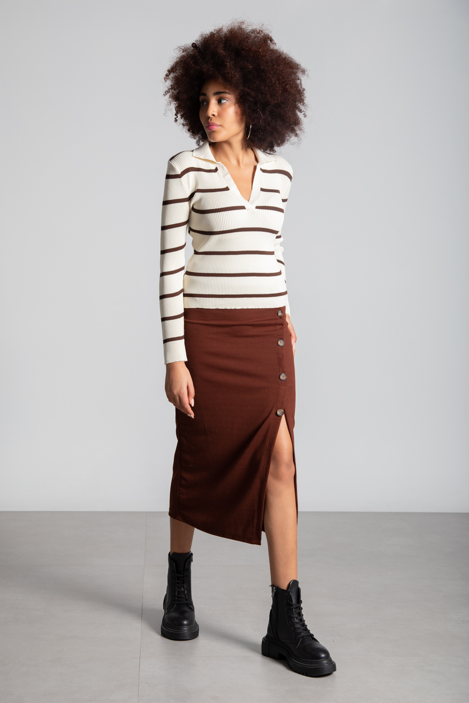 Polo yaka çizgili body-3043 Taş/Kahve