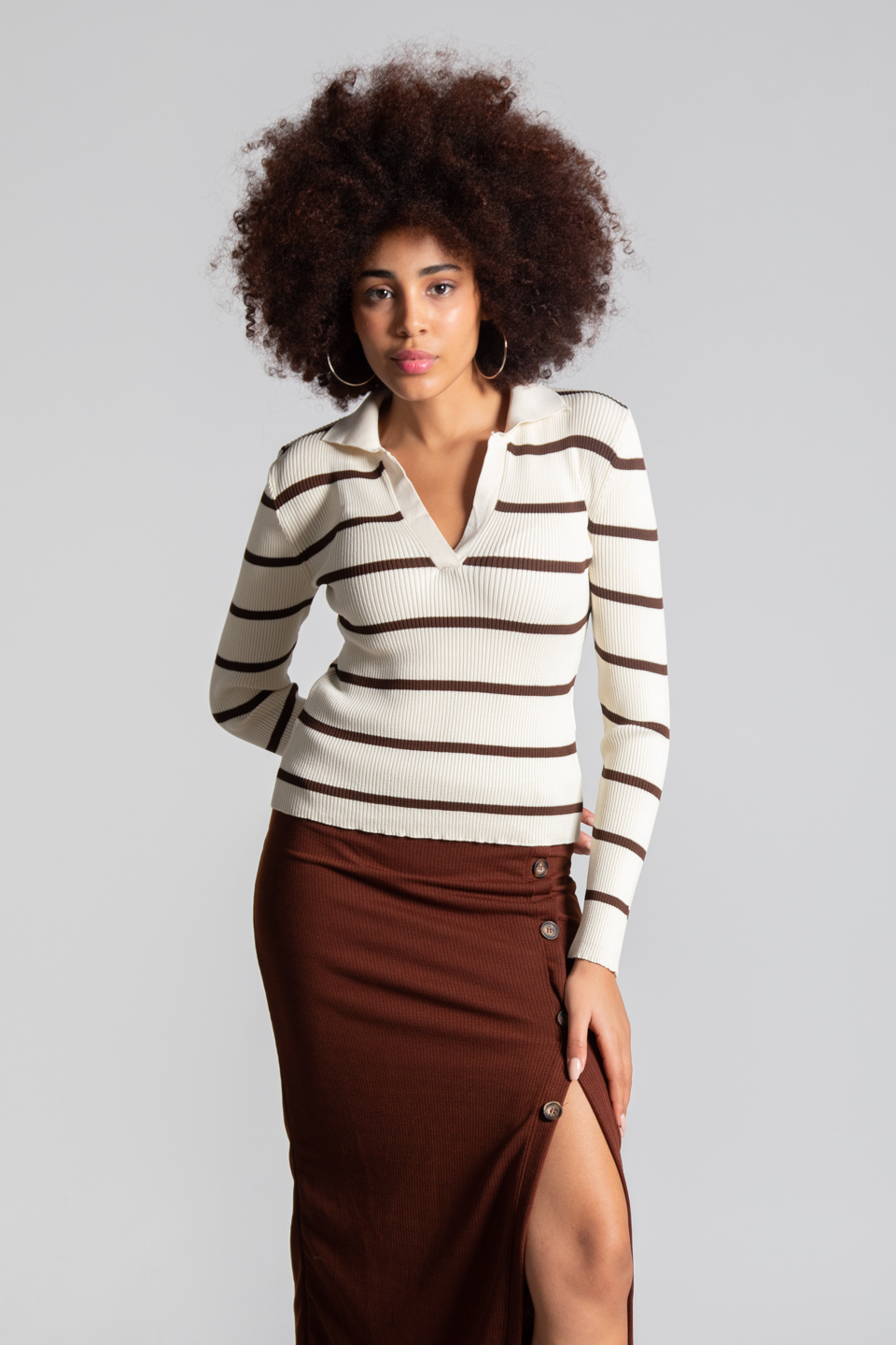 Polo yaka çizgili body-3043 Taş/Kahve