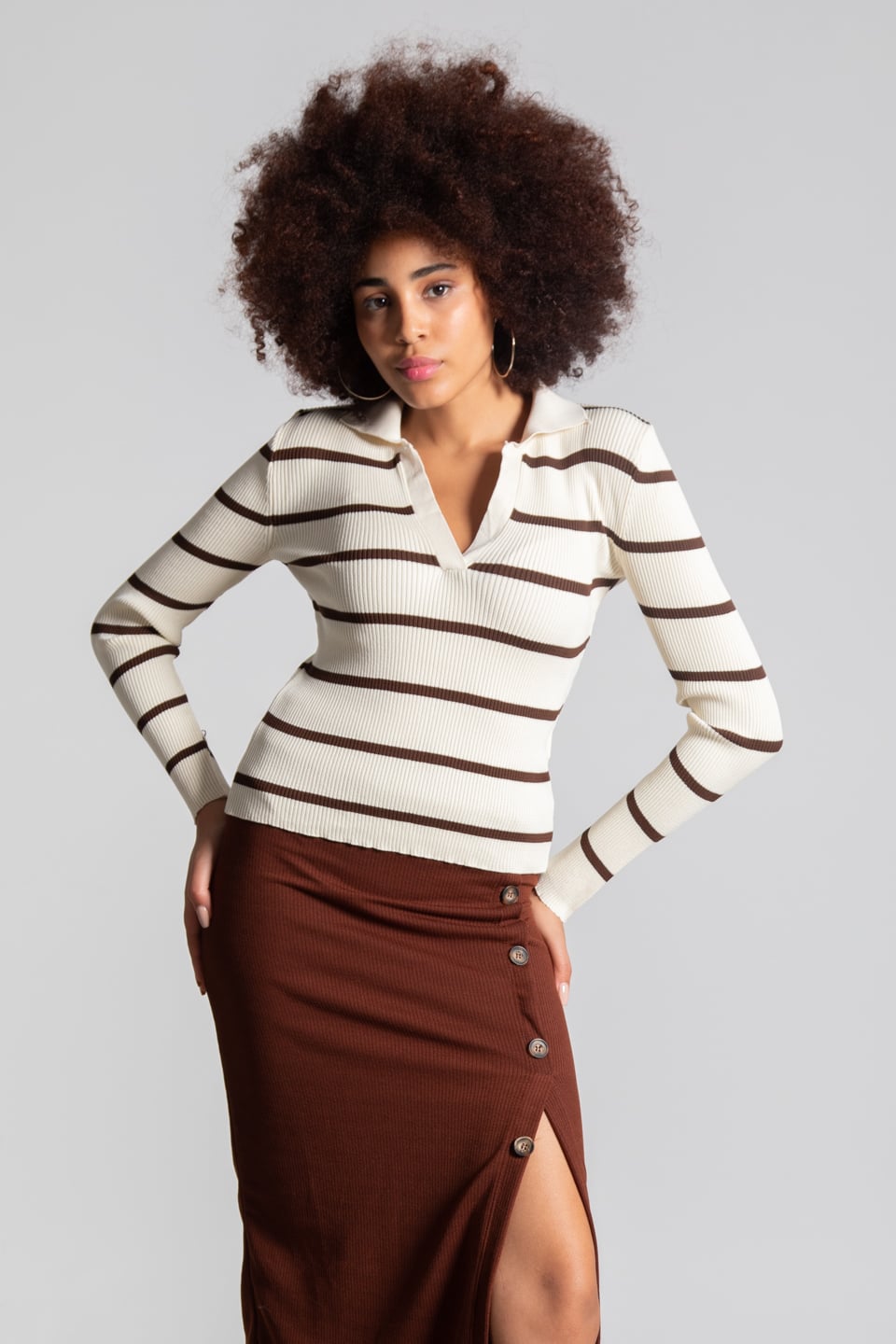 Polo yaka çizgili body-3043 Taş/Kahve