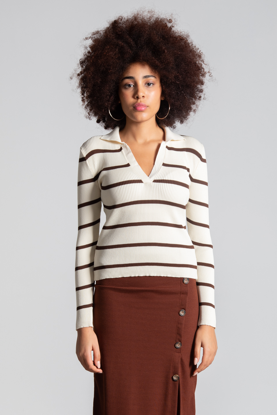 Polo yaka çizgili body-3043 Taş/Kahve