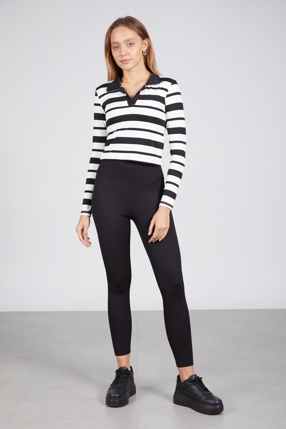 Polo yaka çizgili scuba body-5433 Ekru/Siyah