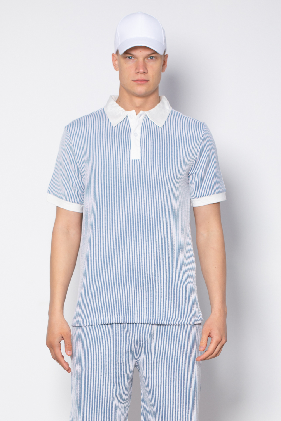 Polo yaka çizgili t-shirt-1111 Mavi