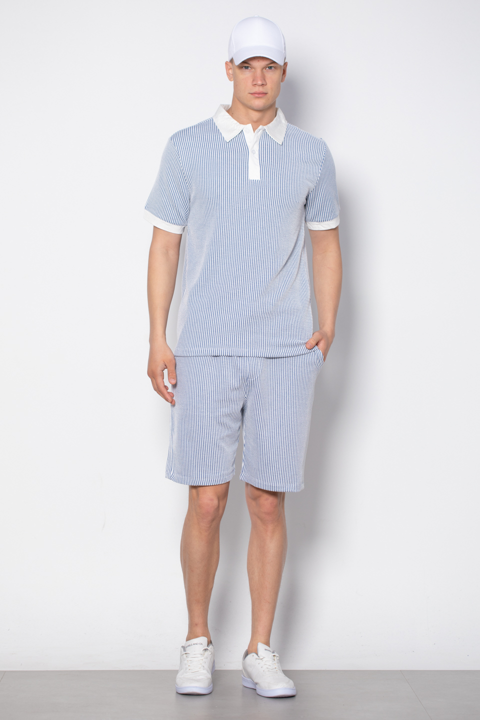 Polo yaka çizgili t-shirt-1111 Mavi