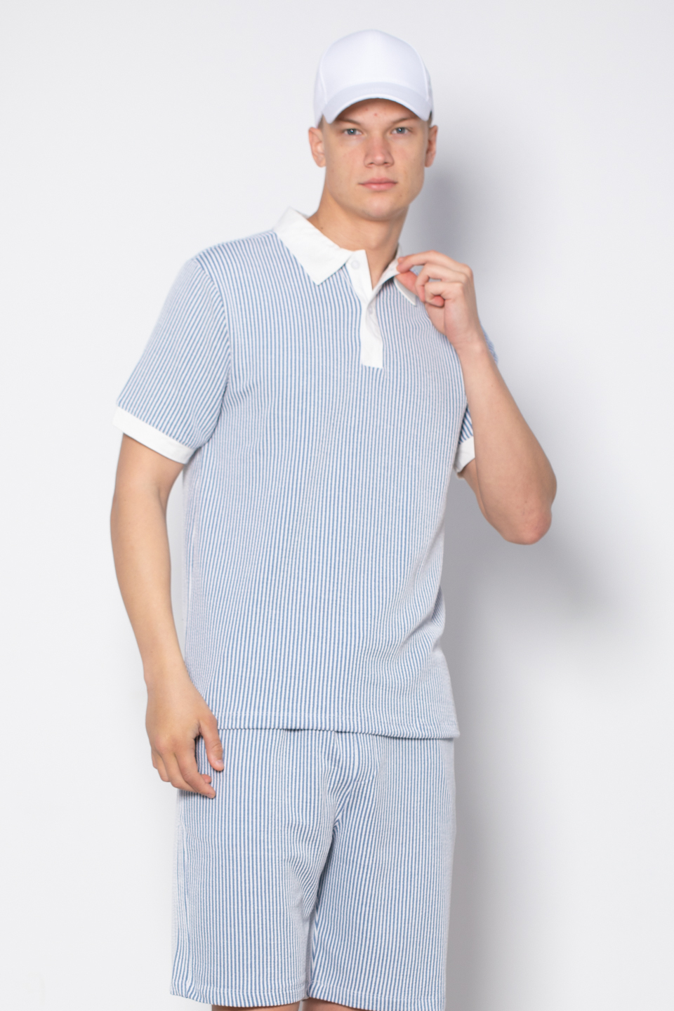 Polo yaka çizgili t-shirt-1111 Mavi