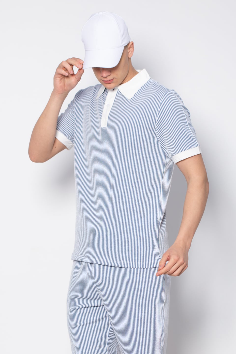 Polo yaka çizgili t-shirt-1111 Mavi