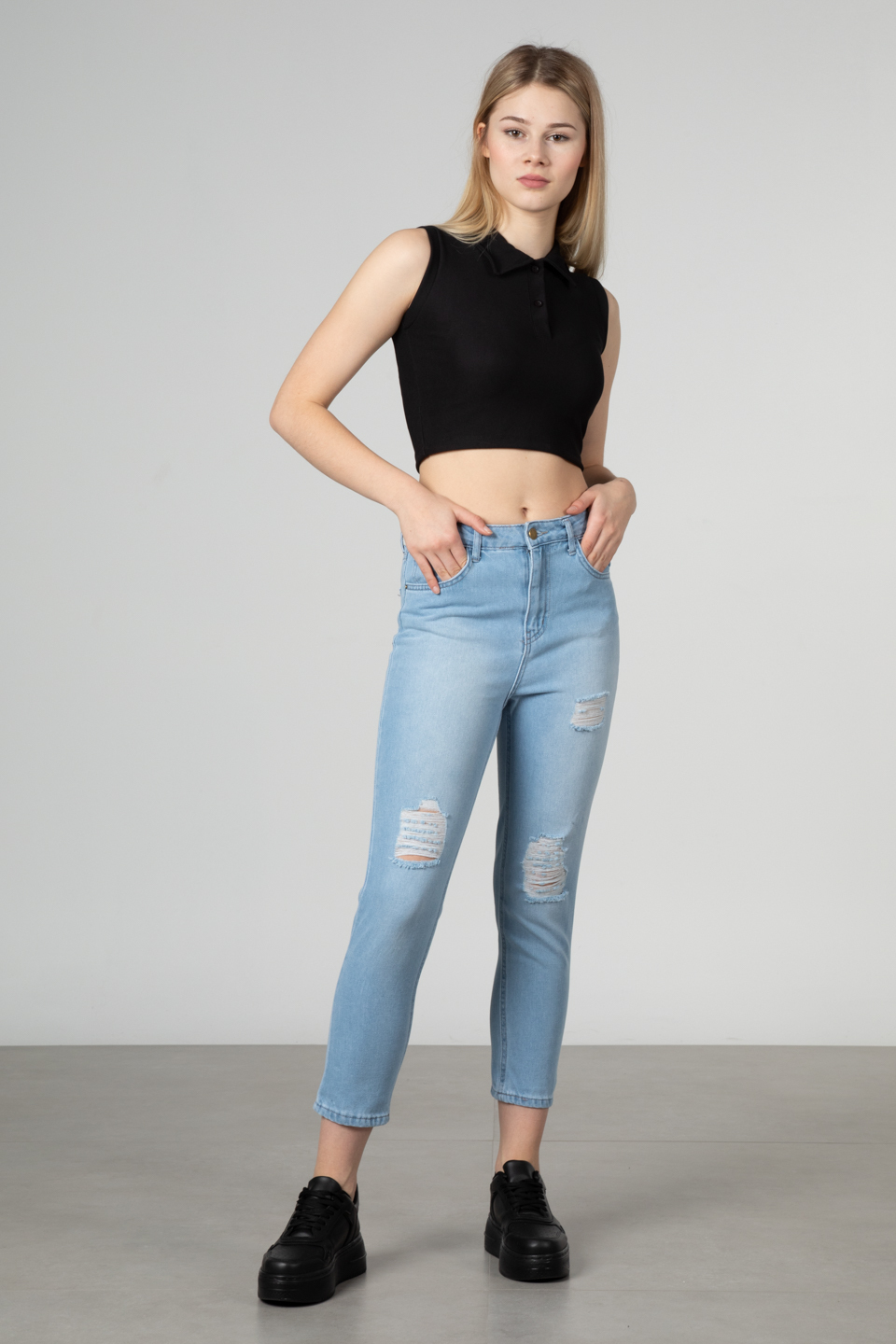 Polo yaka crop body-5088 Siyah