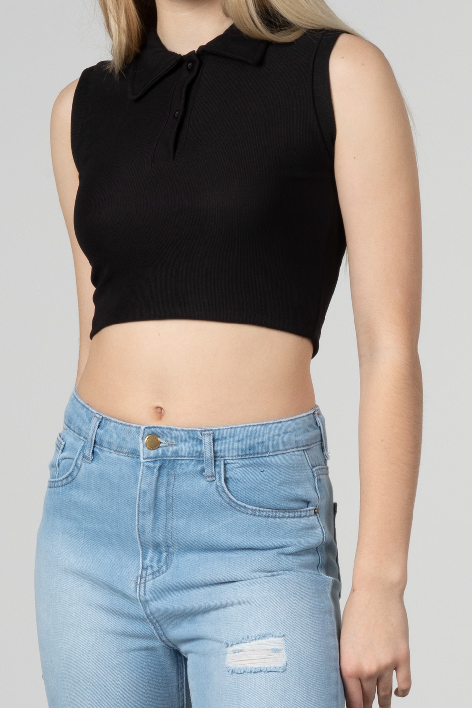 Polo yaka crop body-5088 Siyah