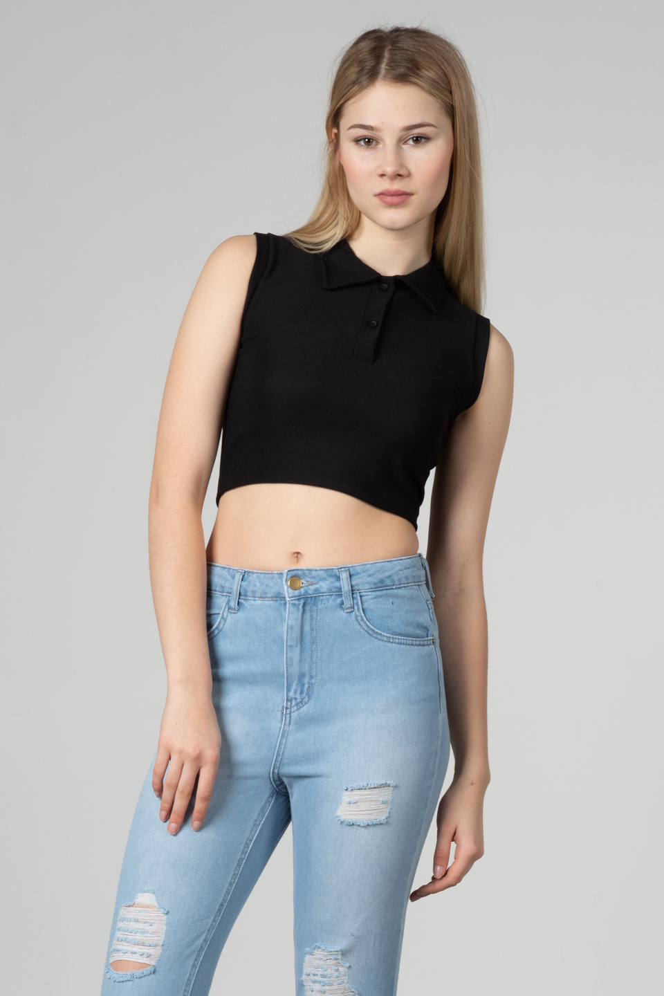 Polo yaka crop body-5088 Siyah