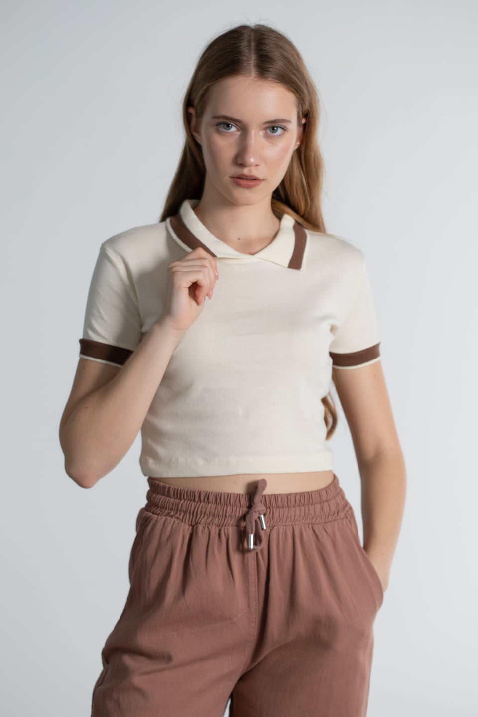 Polo Yaka Kısa Kollu T-Shirt - Taş