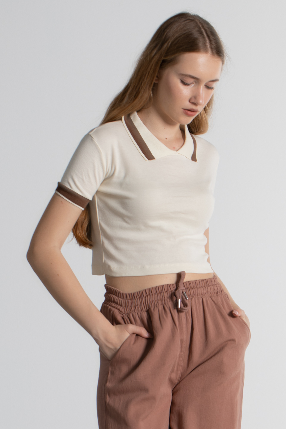 Polo Yaka Kısa Kollu T-Shirt - Taş