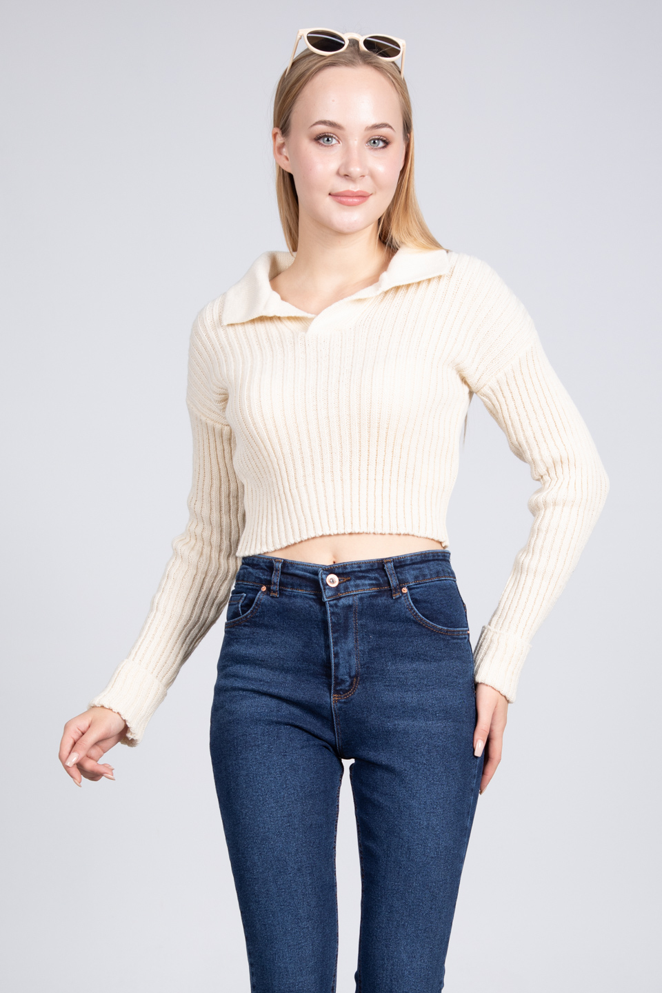 Polo yaka kolları katlı triko kazak-23408 Taş