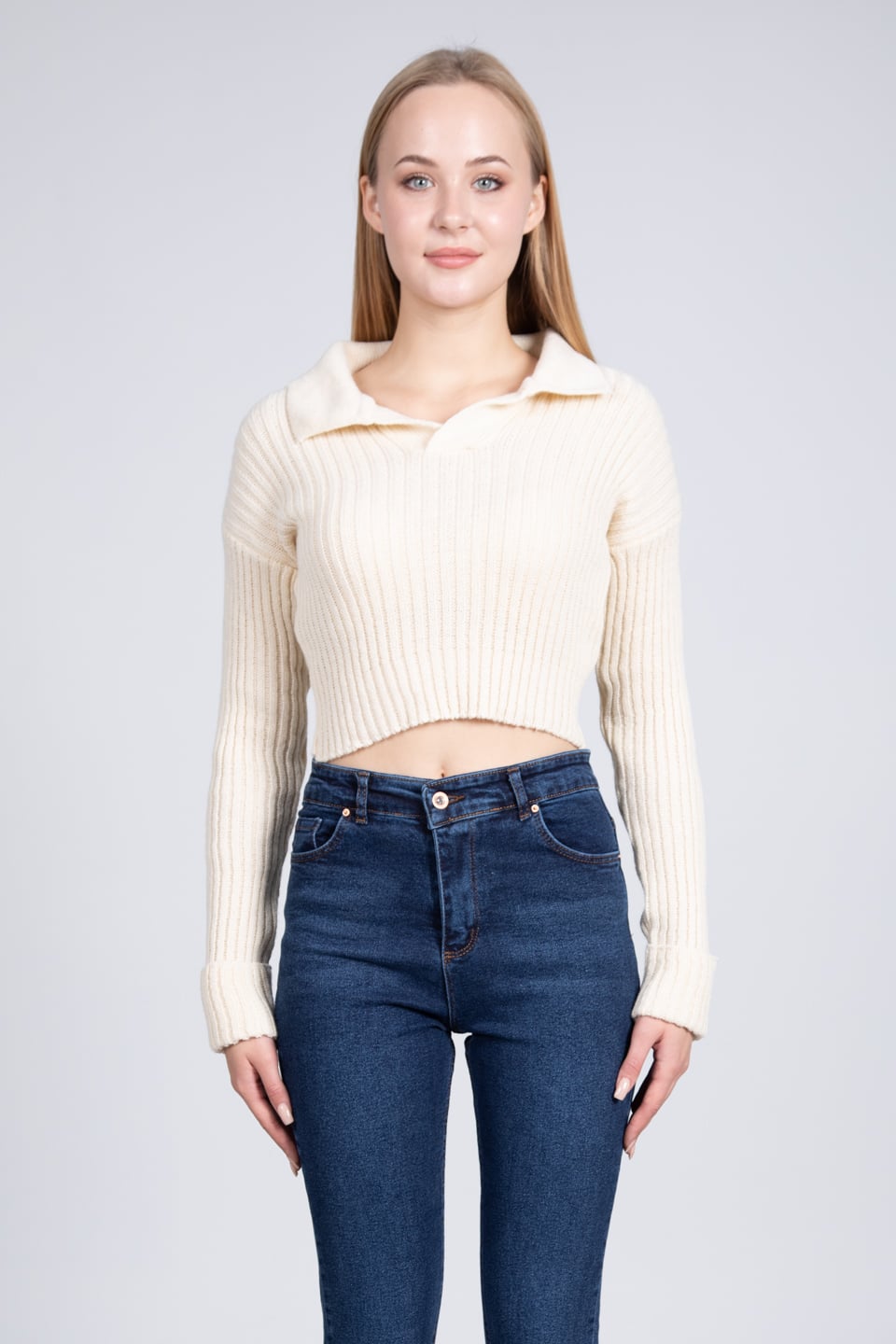 Polo yaka kolları katlı triko kazak-23408 Taş