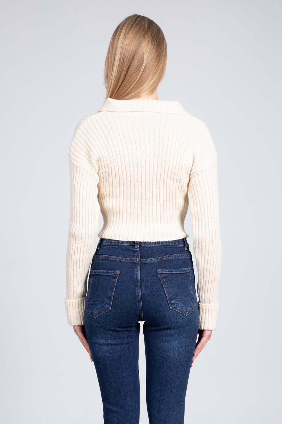 Polo yaka kolları katlı triko kazak-23408 Taş