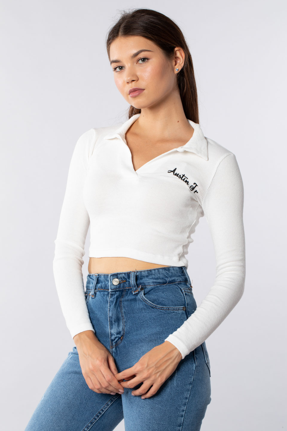 Polo yaka nakışlı body-2120 Ekru