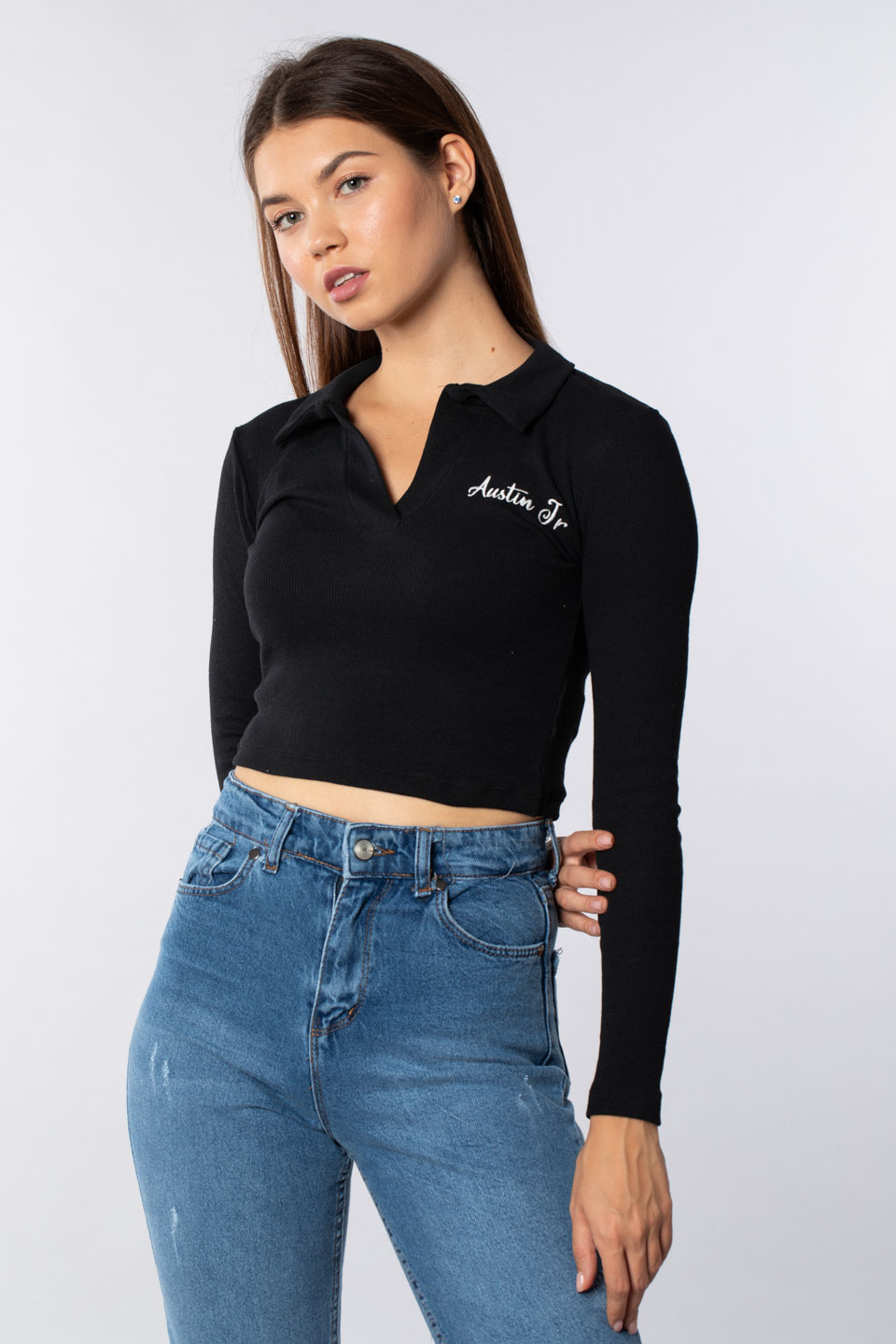 Polo yaka nakışlı body-2120 Siyah