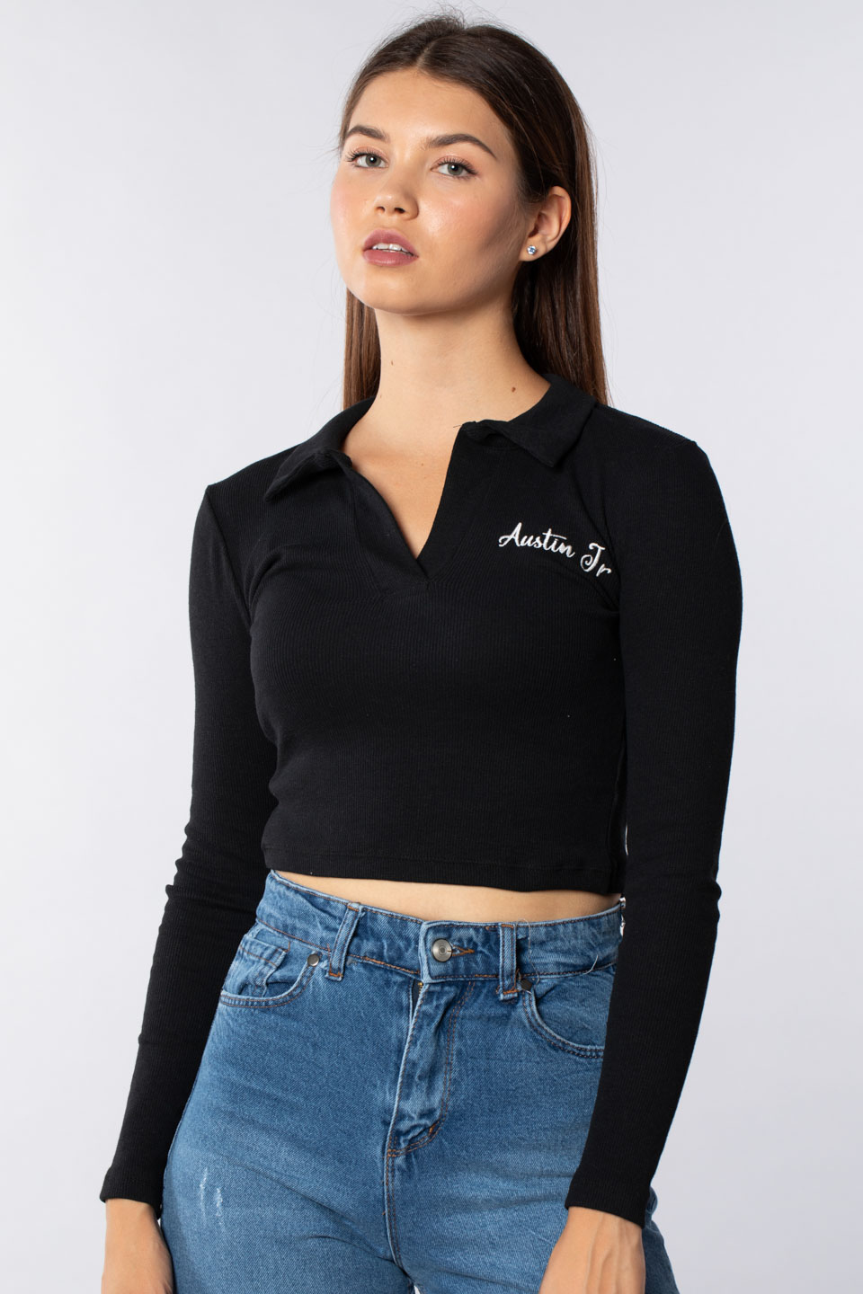Polo yaka nakışlı body-2120 Siyah