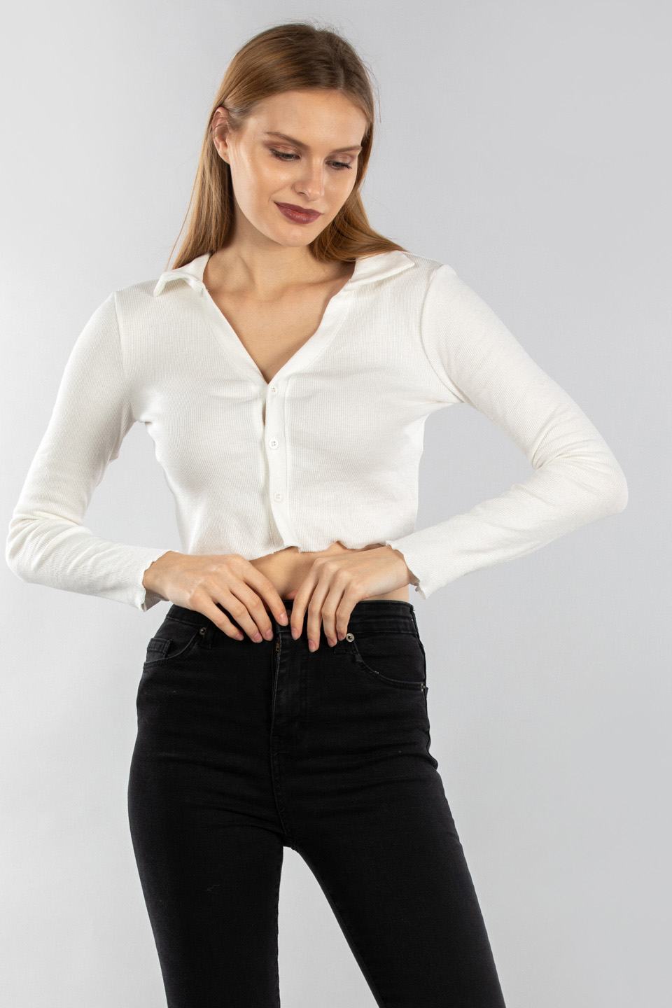 Polo yaka önden düğmeli hırka-2124 Ekru