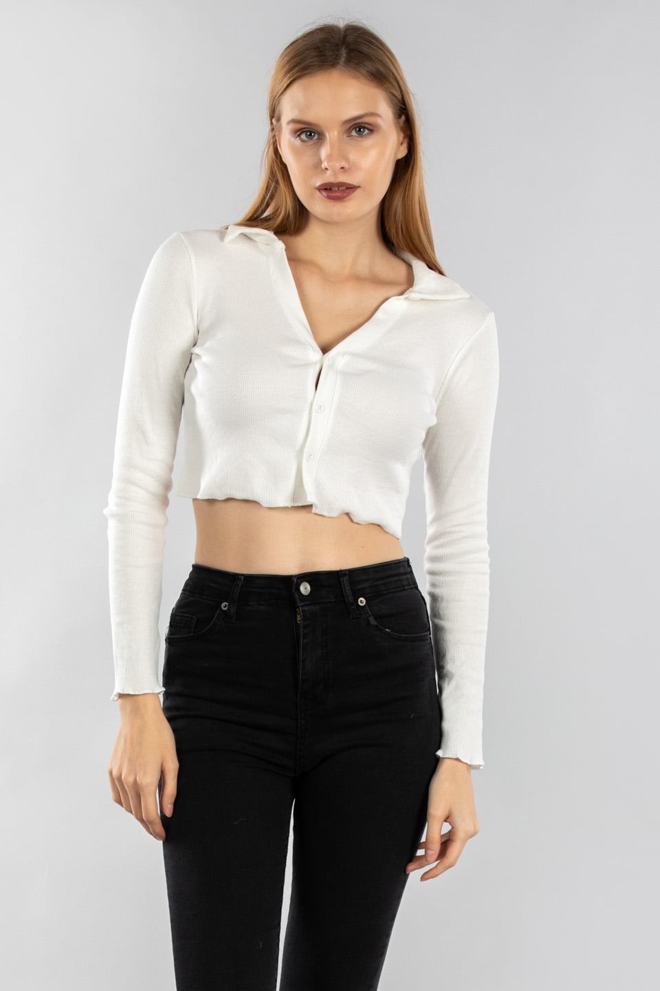 Polo yaka önden düğmeli hırka-2124 Ekru