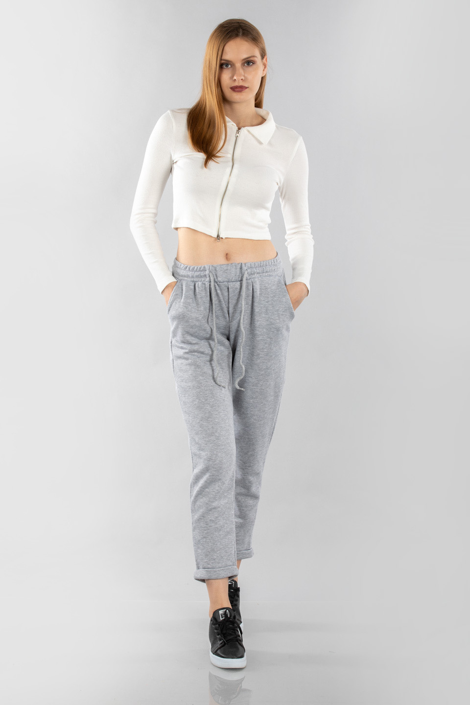 Polo yaka önden fermuarlı hırka-2125 Ekru