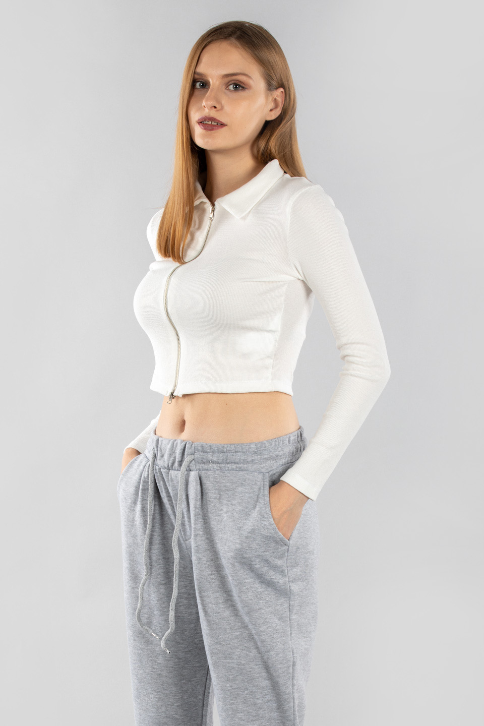 Polo yaka önden fermuarlı hırka-2125 Ekru