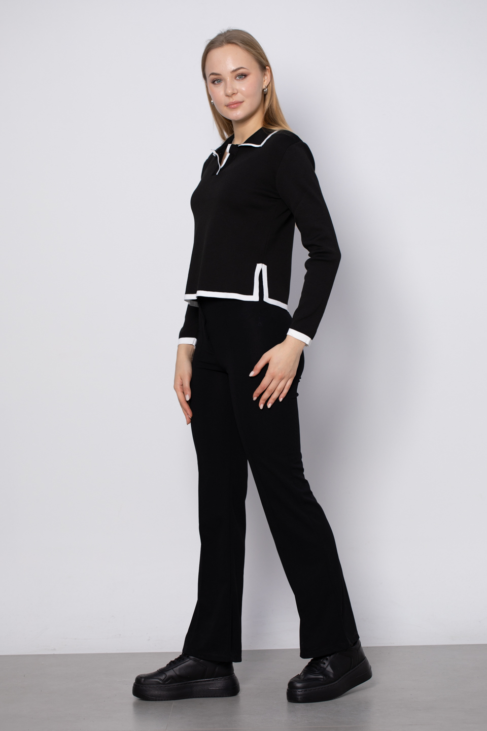 Polo yaka triko body-4041 Siyah/Beyaz
