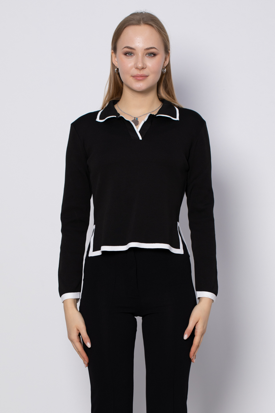 Polo yaka triko body-4041 Siyah/Beyaz