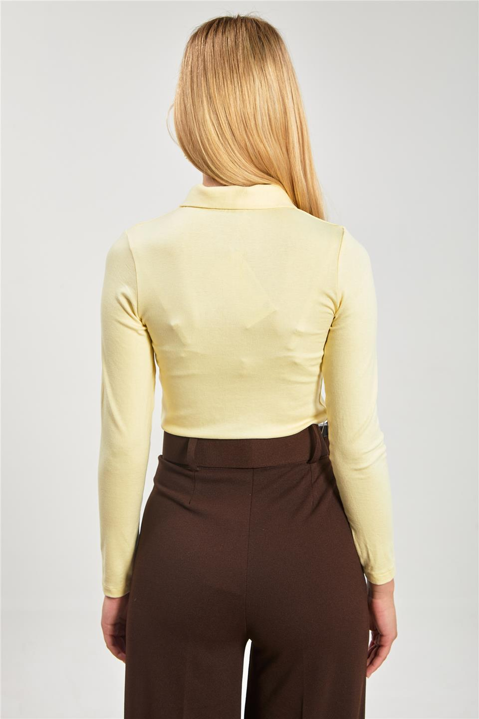 Polo yaka uzun kol body-10715 Sarı