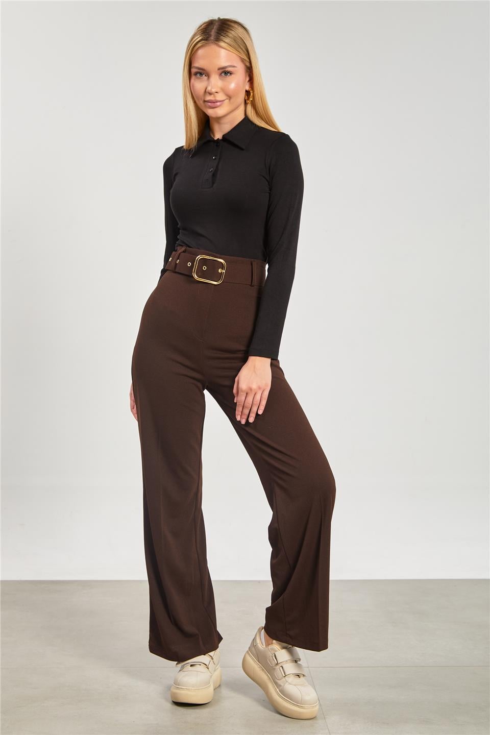 Polo yaka uzun kol body-10715 Siyah