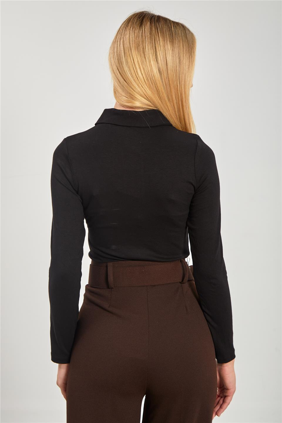 Polo yaka uzun kol body-10715 Siyah