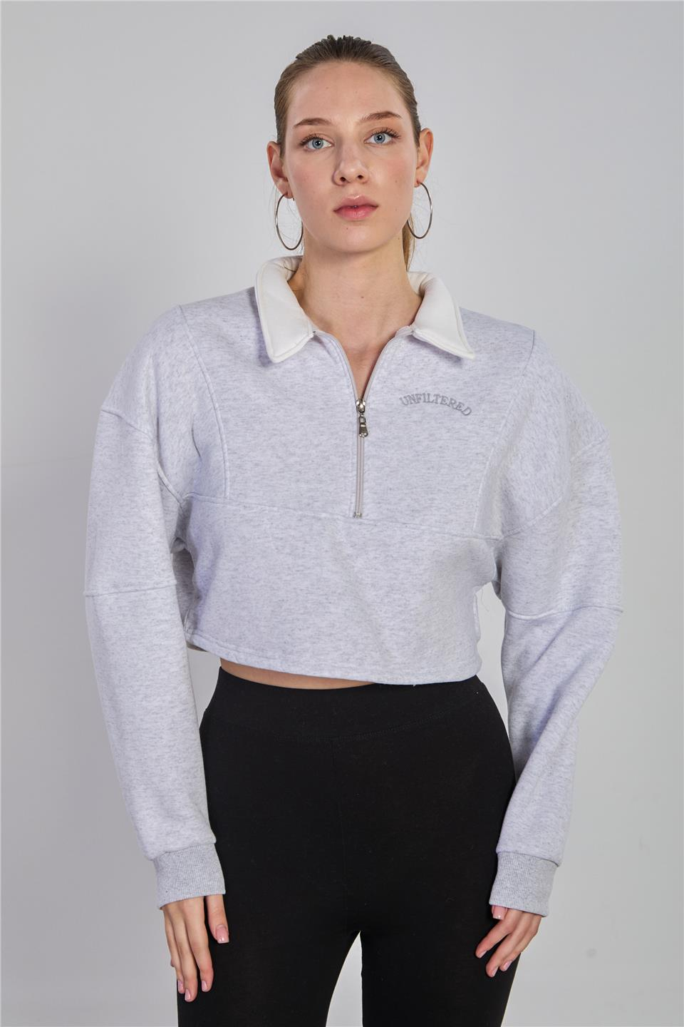 Polo yaka yarım fermuarlı sweatshirt-5784 Kar Melanj