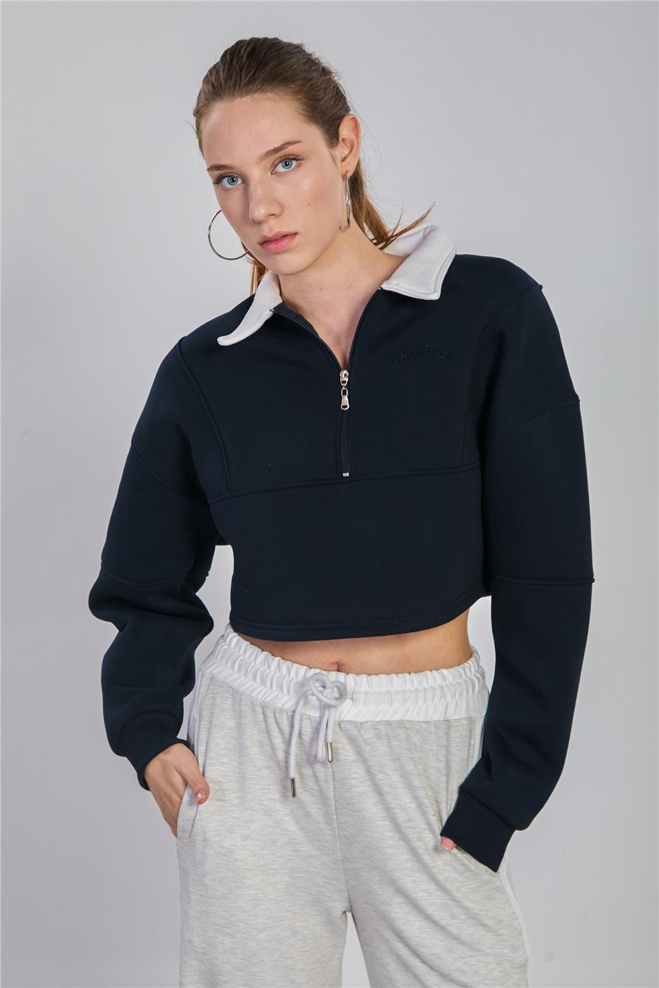 Polo yaka yarım fermuarlı sweatshirt-5784 Lacivert