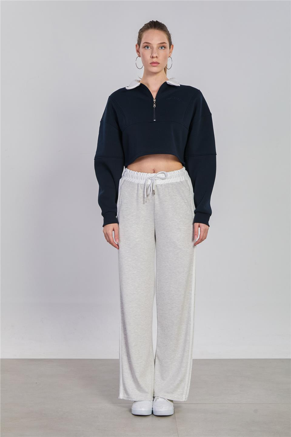 Polo yaka yarım fermuarlı sweatshirt-5784 Lacivert