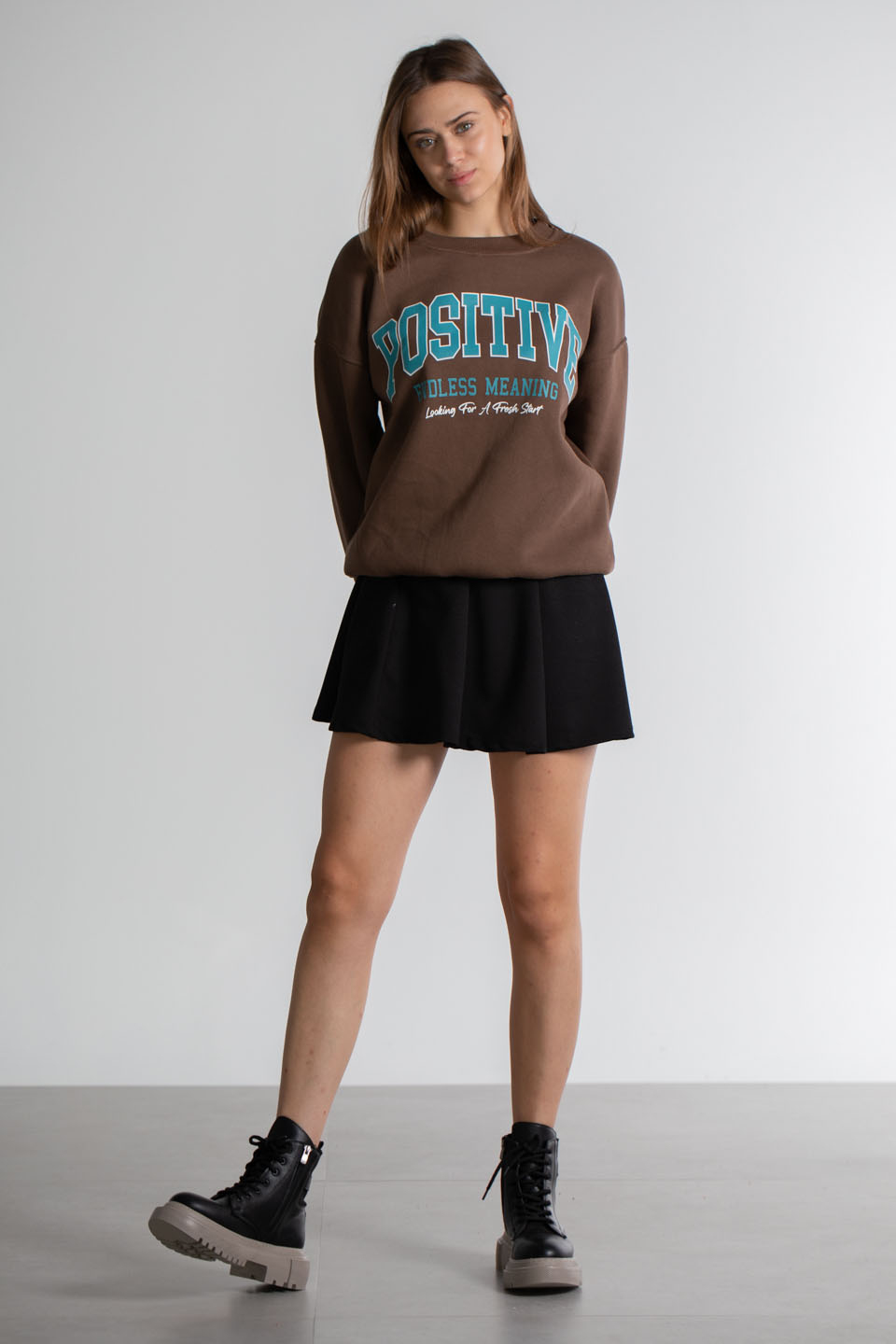 Positive Baskılı Sweatshirt - Kahve