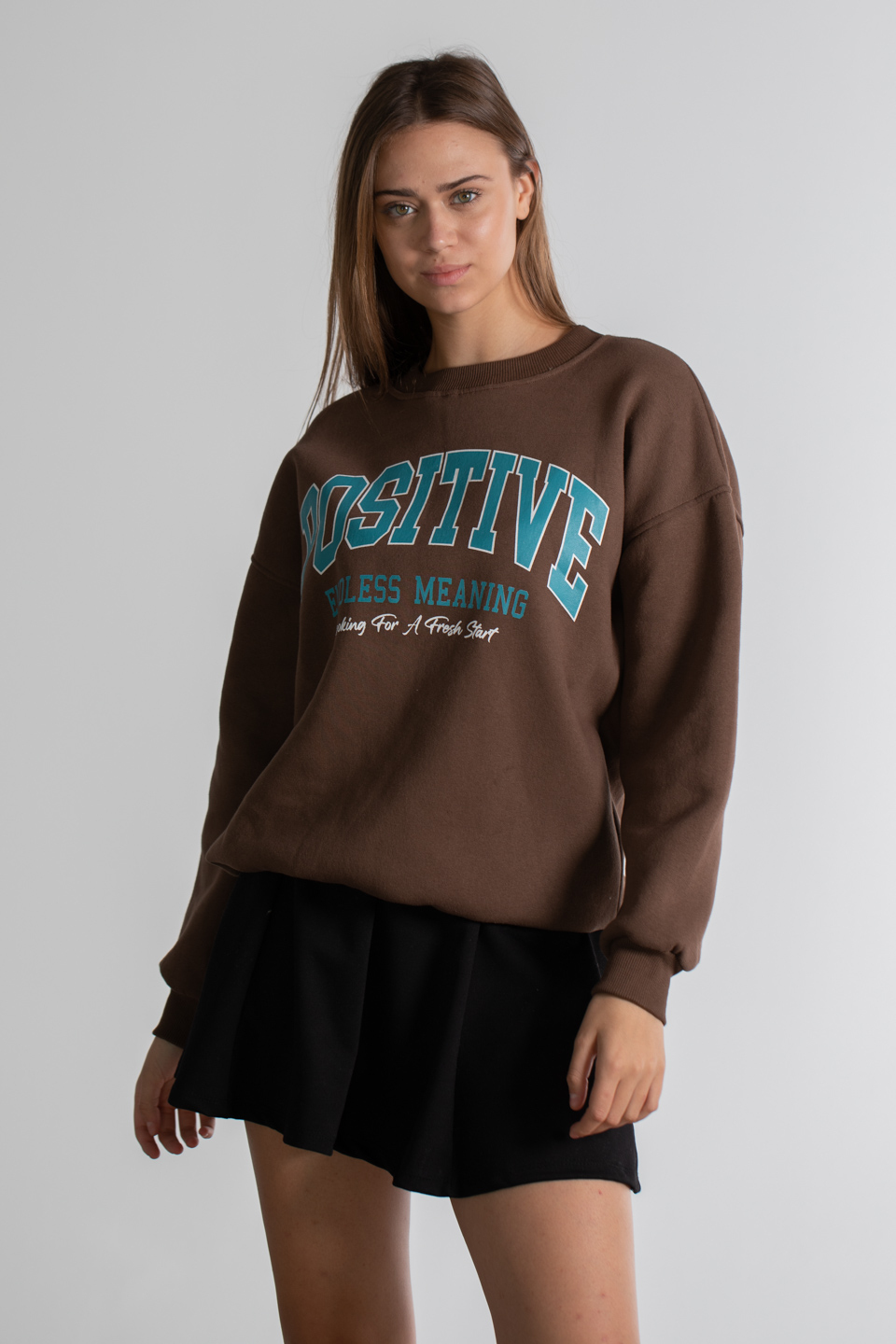 Positive Baskılı Sweatshirt - Kahve