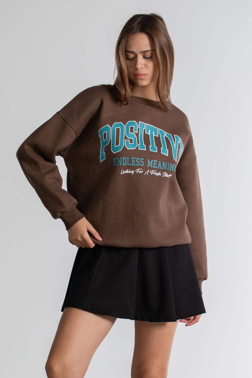 Positive Baskılı Sweatshirt - Kahve
