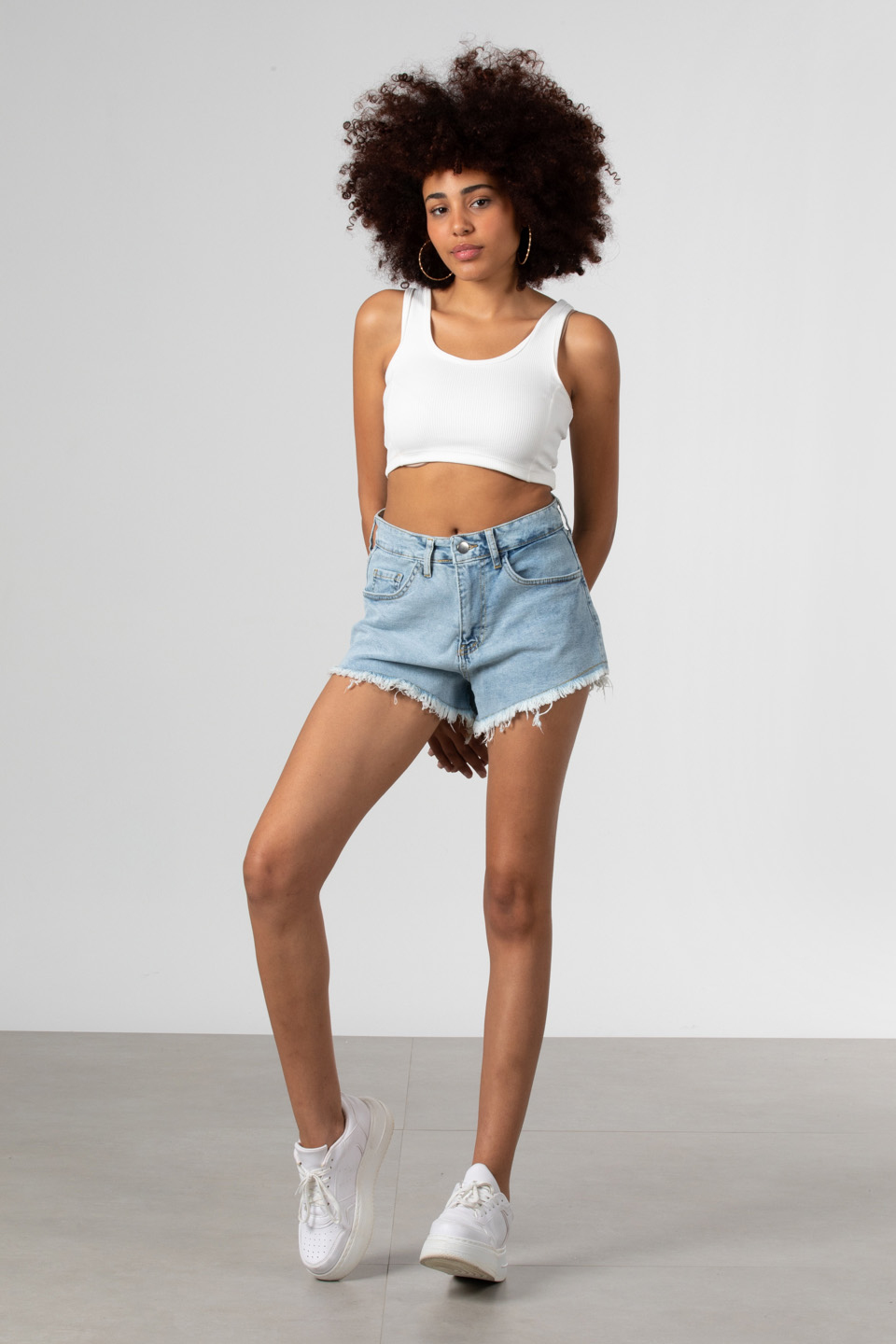 Püsküllü mini jean şort-1032 Buz Mavi