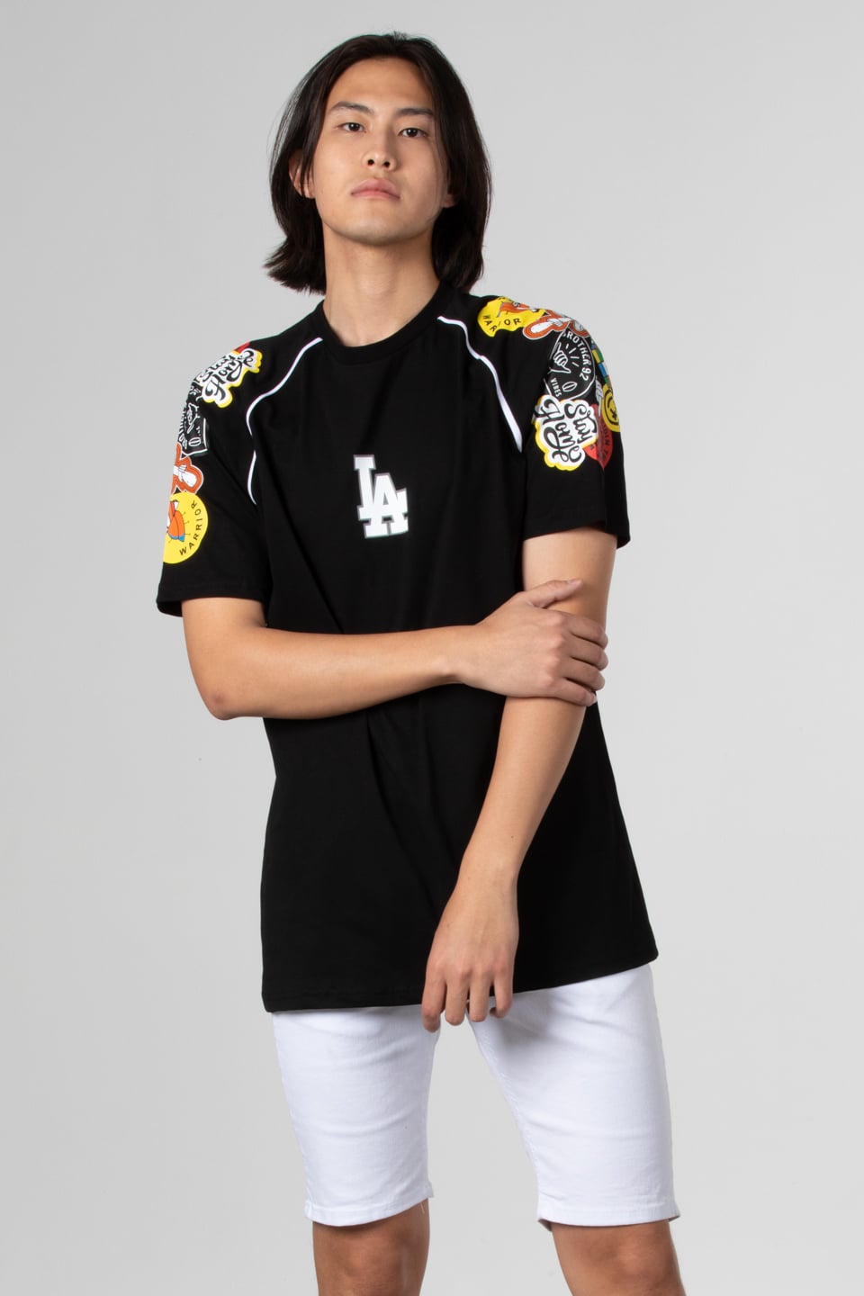Reglan kol baskılı t-shirt-1029 Siyah