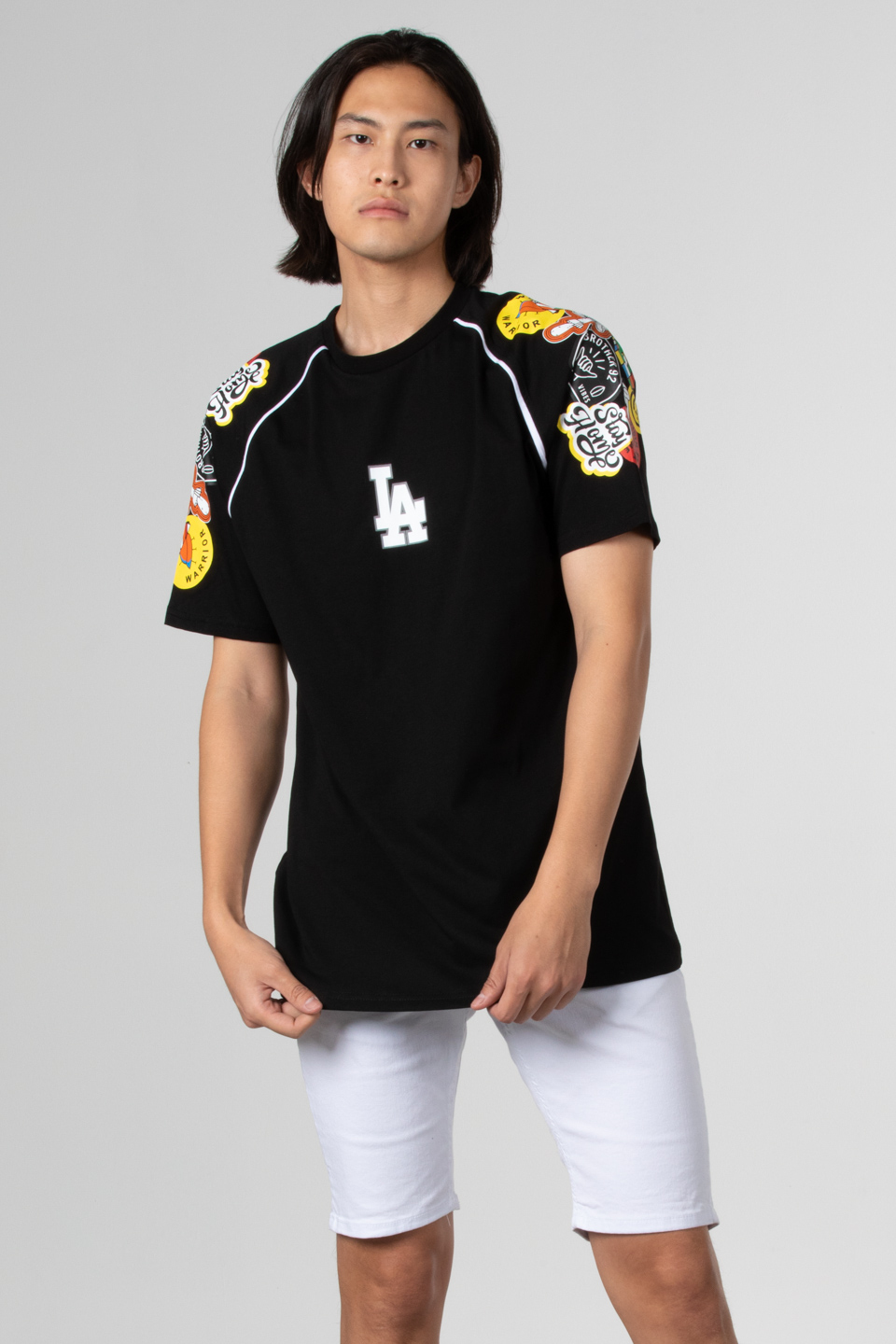 Reglan kol baskılı t-shirt-1029 Siyah