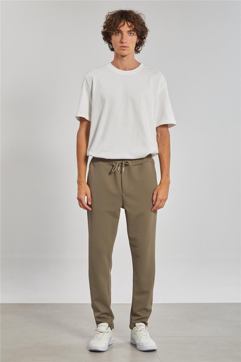 Regular Fit Beli Bağlamalı Erkek Pantolon - Açık Haki