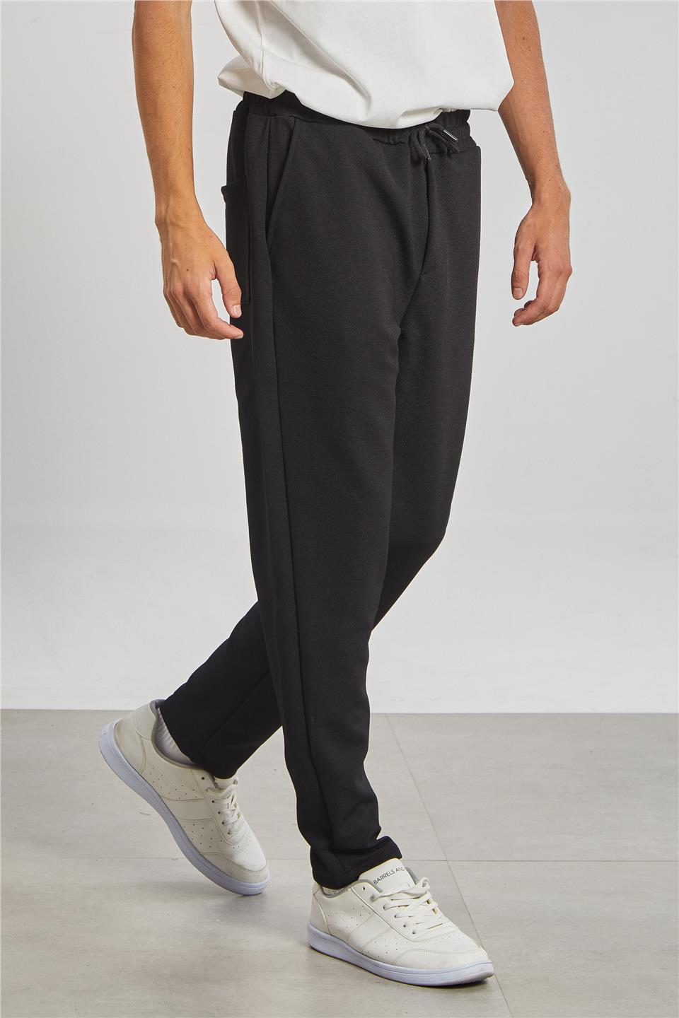 Regular Fit Beli Bağlamalı Erkek Pantolon - Siyah 