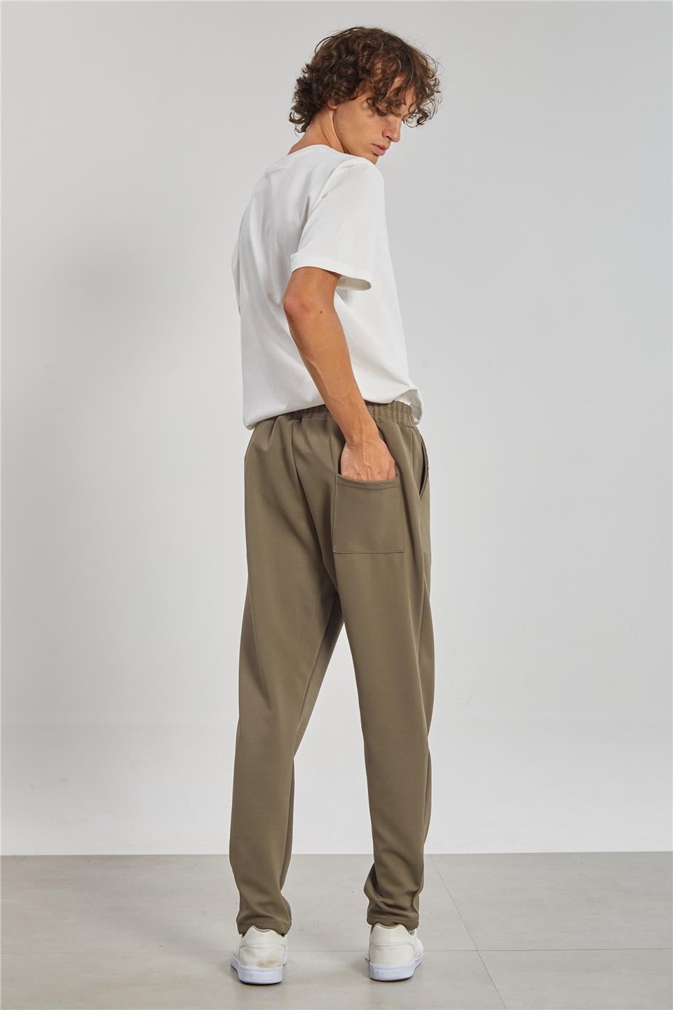 Regular Fit Beli Bağlamalı Erkek Pantolon - Açık Haki